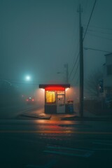 Fototapeta na wymiar A small building lit up at night on a foggy street. Generative AI.