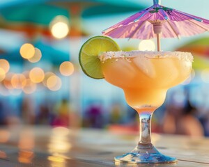 A margarita with a lime wedge and umbrella on top of it. Generative AI. - obrazy, fototapety, plakaty