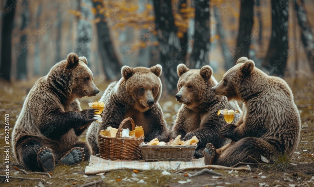 Wall mural Four bears are sitting around a picnic basket eating. Generative AI.