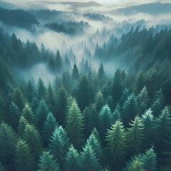 Fototapeta premium The beautiful mist mixed with the tranquility of the air revealed a mist-shrouded forest nestled on the mountain. creating a beautiful landscape A coveted landscape where the tranquil elegance of na