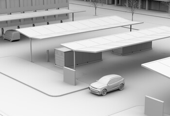 Clay rendering of Electric Vehicle Charging Station equipped with Solar Panels and Container Battery Storage. 3D rendering image.