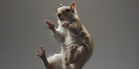 A squirrel is standing on its hind legs with one paw up. Generative AI.