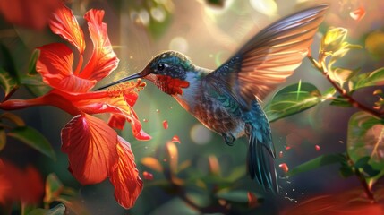 Fototapeta premium A hummingbird is hovering over a flower with its beak open. Generative AI.