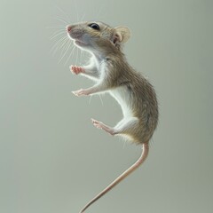 A mouse is flying through the air with its tail up. Generative AI.