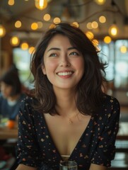 Obraz premium A woman smiling while sitting at a table with wine in front of her. Generative AI.