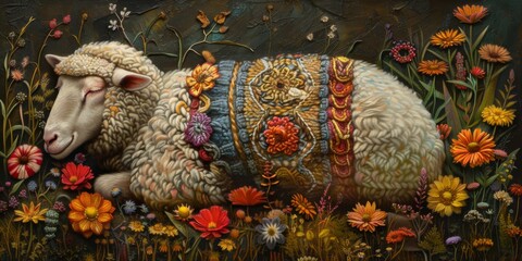 A painting of a sheep laying in the grass surrounded by flowers. Generative AI.