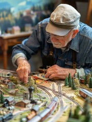 A man in a hat and cap looking at model train tracks. Generative AI.