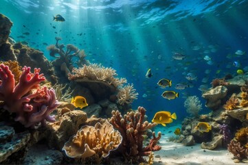 Fototapeta na wymiar A coral reef with many fish swimming around it. Generative AI.