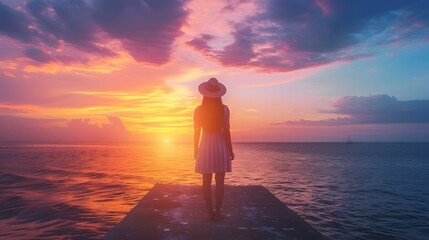 A solitary traveler woman wearing a hat stands on a seaside pier, gazing into the sunset.