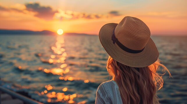 A solitary traveler woman wearing a hat stands on a seaside pier, gazing into the sunset. - Powered by Adobe