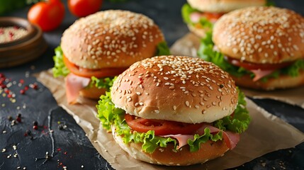 Delicious homemade sandwiches with sesame buns, lettuce, tomato, and ham.