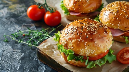 Delicious homemade sandwiches with sesame buns, lettuce, tomato, and ham.