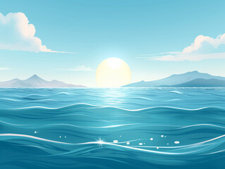 Illustration of a serene ocean scene with the sun setting over gentle waves and distant mountains under a clear blue sky.
