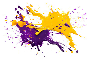 Dynamic purple and yellow color splatters on transparent background.