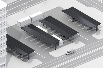 Electric Vehicle Charging Station equipped with Solar Panels and Container Battery Storage. Isometric view. 3D rendering image.