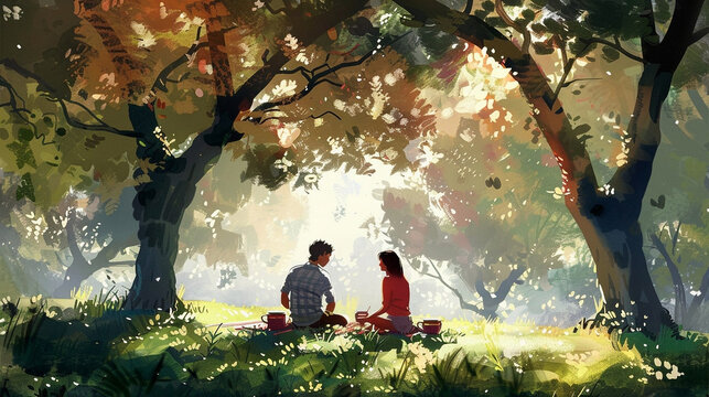 A painting of a couple sitting in a park having a picnic