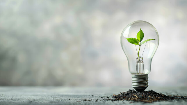 A plain light bulb with a plant growing inside it, against a soft gray background, representing sustainable energy