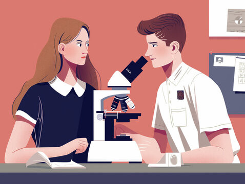 Illustration of a female student and male scientist with a microscope in a laboratory setting.