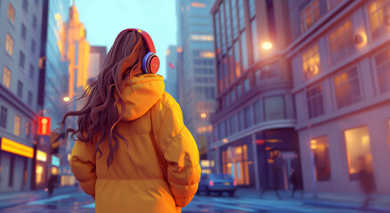 Obraz premium Illustration of a woman in a yellow hoodie walking in a city at twilight.
