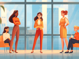 Fototapeta na wymiar Illustration of five women in a modern office with large windows and city view.