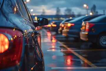 Cars in a parking lot illuminated at night - obrazy, fototapety, plakaty