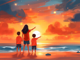 Fototapeta premium Illustration of a woman and two children watching a sunset on the beach.