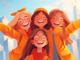 Illustration of four joyful characters embracing and smiling with a cityscape and autumn leaves in the background.