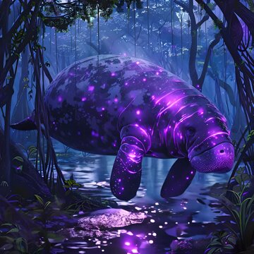 A purple glowing manatee swims through a dark mangrove forest at night.