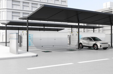 Electric Vehicle Charging Station equipped with Solar Panels and Container Battery Storage. 3D rendering image.