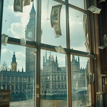 Banknotes flowing from a parliament buildings windows, depicting the influence of money in political decisions