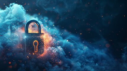 Padlock with glow effect surrounded by clouds, cybersecurity, data protection