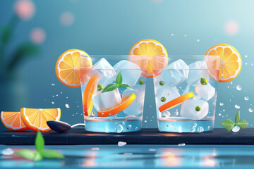 Two glasses of refreshing citrus-infused water with ice, adorned with orange slices against a serene blue backdrop