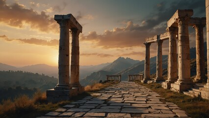 mountain sunset walkway with ancient roman columns from Generative AI
