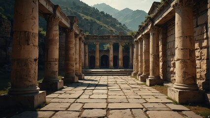 mountain walkway with ancient roman columns from Generative AI