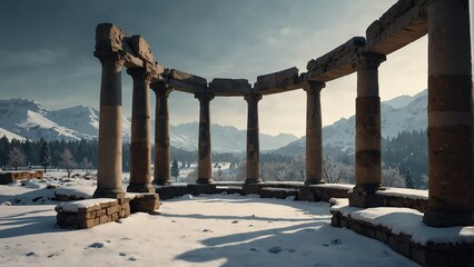 mountain winter walkway with ancient roman columns from Generative AI