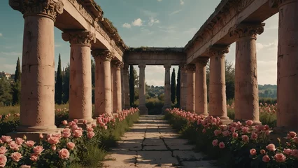Fotobehang pink roses fields walkway with ancient roman columns from Generative AI © Arceli