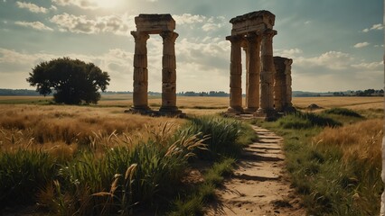 wheat fields walkway with ancient roman columns from Generative AI