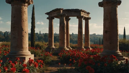Fotobehang red roses fields walkway with ancient roman columns from Generative AI © Arceli
