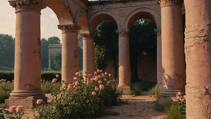 Fototapeta na wymiar pink roses fields walkway with ancient roman columns from Generative AI