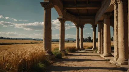  wheat fields walkway with ancient roman columns from Generative AI © Arceli