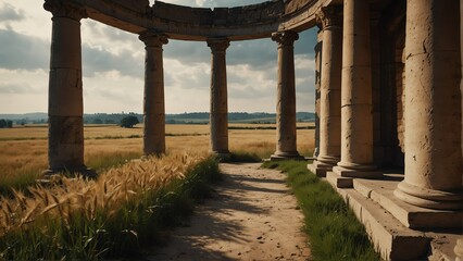 wheat fields walkway with ancient roman columns from Generative AI