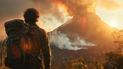 Obraz premium Brave man facing erupting volcano, cinematic style