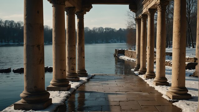 lakeside winter walkway with ancient roman columns from Generative AI