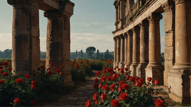 red roses fields walkway with ancient roman columns from Generative AI