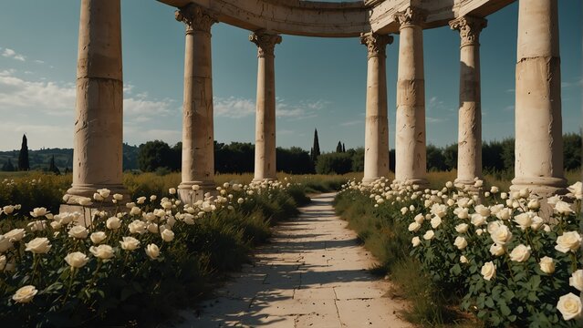white roses fields walkway with ancient roman columns from Generative AI