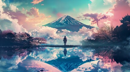 Dreamy cartoon poster with musician gazing at cloudy mountain