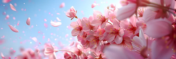 Zelfklevend Fotobehang Panoramic shot of flowering apricot branches on a blue background with copy space Pink sakura flowers dreamy romantic image spring landscape panorama © vince