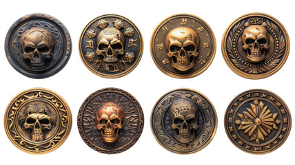 Set of Gold Coins with Monster and Skull Designs - obrazy, fototapety, plakaty