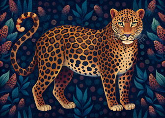 Leopard in the jungle. Watercolor illustration on dark background. - obrazy, fototapety, plakaty