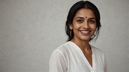 beautiful south asian mother smiling on camera on plain white background from Generative AI - obrazy, fototapety, plakaty